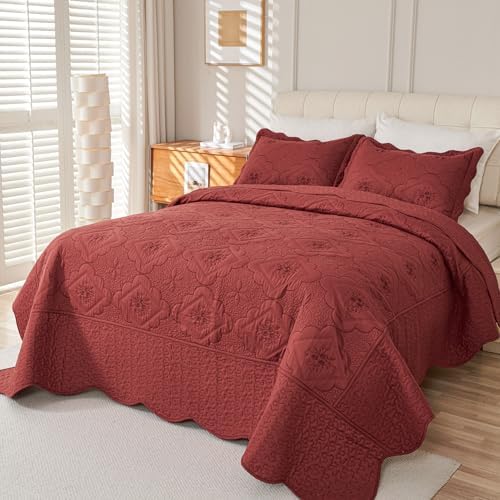 Cmfshape Queen Quilt Set 3 Pieces - Burgundy Floral Embroidery