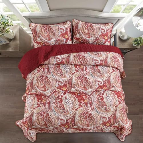 DJY Red Paisley Quilt Set - King Size 3 Piece