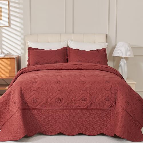 Cmfshape Queen Quilt Set 3 Pieces - Burgundy Floral Embroidery
