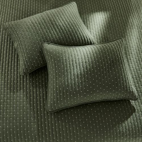 WDCOZY Olive Green Cross Stitch King Size Quilt Set