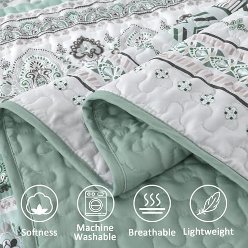 Goodidea Boho Quilt Set Cal King 3 Piece Mint Green Striped Microfiber Bedding