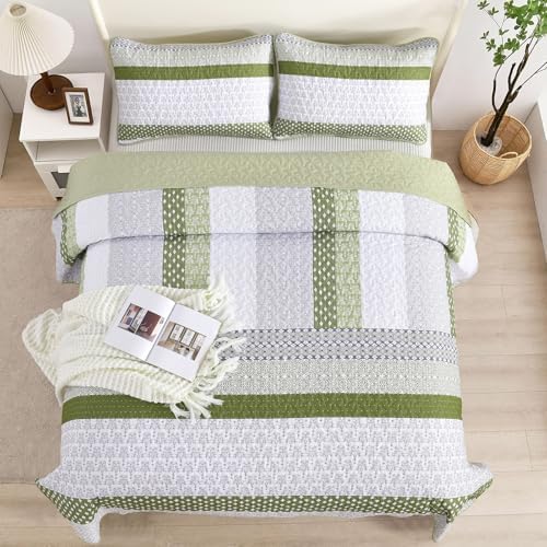 WONGS BEDDING Olive Green Boho Quilt Set Queen Size 3 Pieces