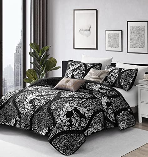 DJY Black Damask Cal King Quilt Set 3 Pieces