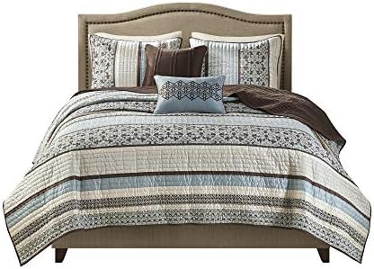 Madison Park Quilt Set with Jacquard Stripes - 5 Piece Floral Blue