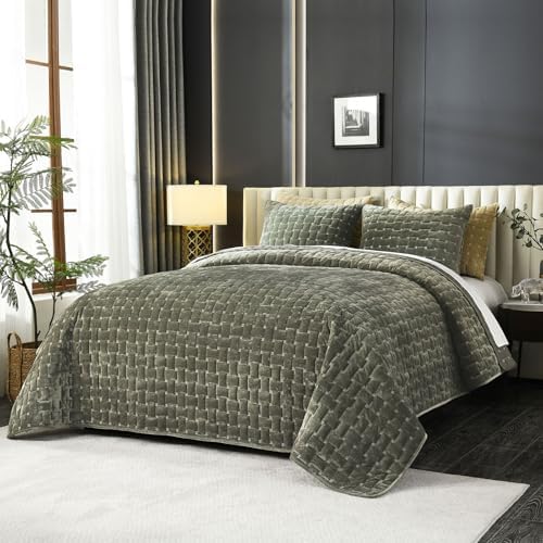Grassix Velvet Quilt Set King Size Luxe Olive Green