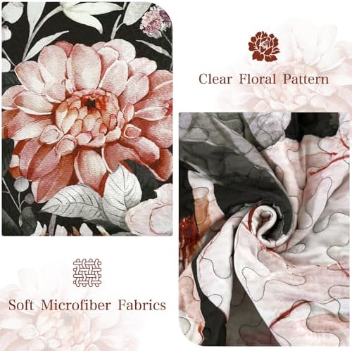 Drucon Black Quilt Queen Set - 3 Piece Pink Floral Bedding