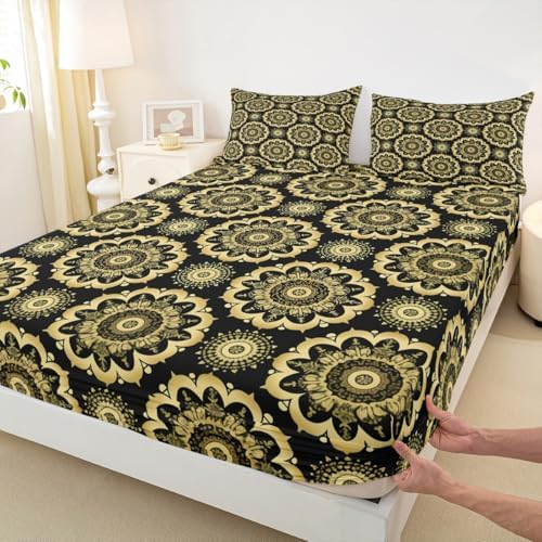 Jejeloiu Paisley Bedding Set with Black Gold Damask Pattern