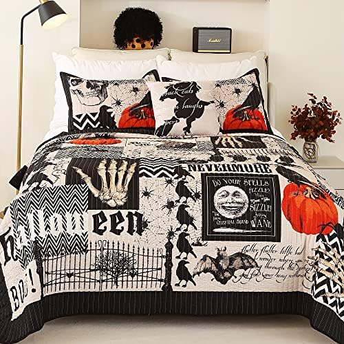 EVENHUG Halloween Queen Quilt Set with Pillow Shams