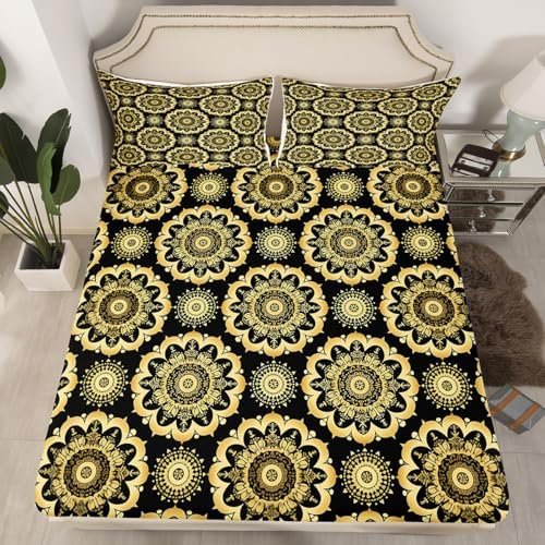 Jejeloiu Paisley Bedding Set with Black Gold Damask Pattern
