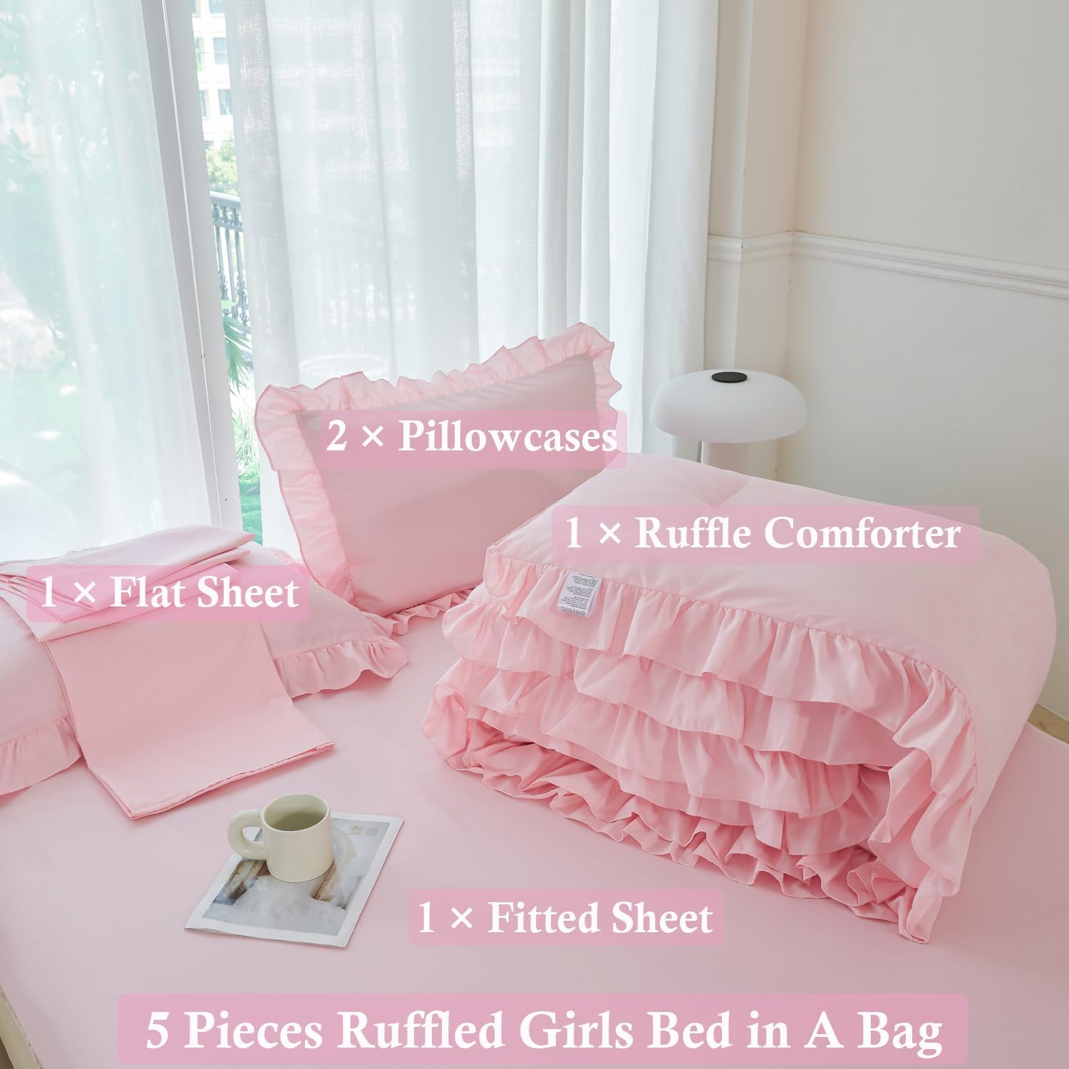 ANGIYUIN Pink Girls Comforter Set 5 Piece Bed in A Bag