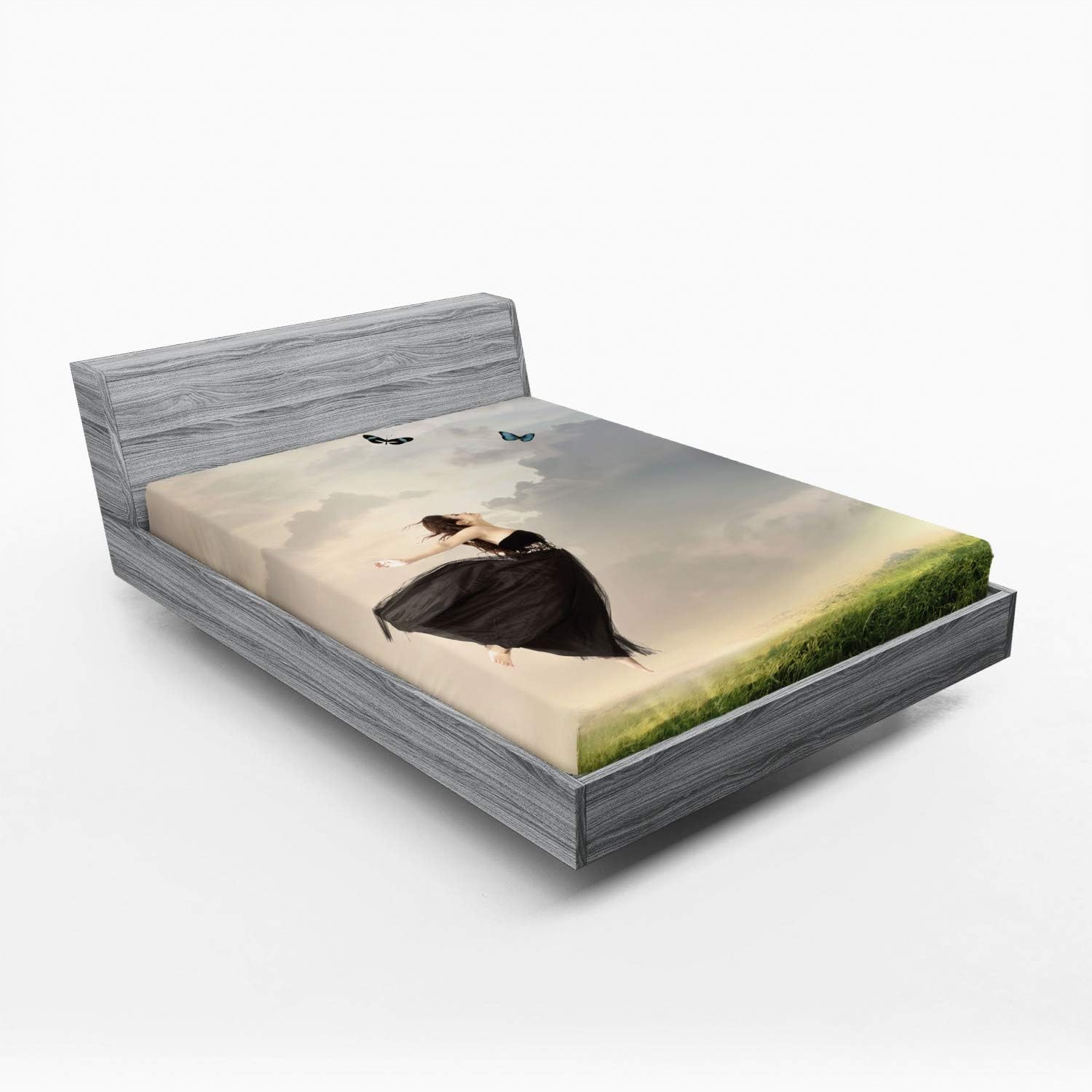 Ambesonne Butterfly Fitted Sheet Olive Green Pale Grey California King