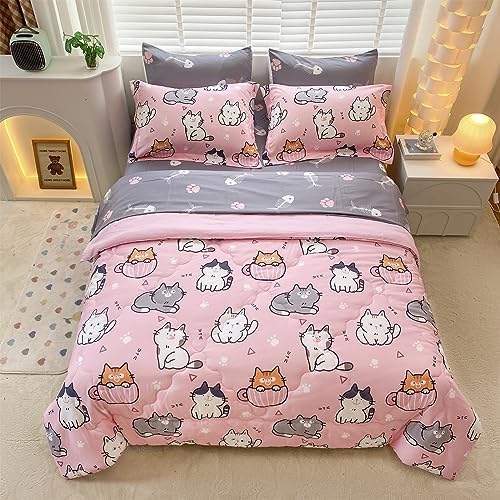 Gusuhome 7 Piece Kids Cats Comforter Set Twin Bed in A Bag