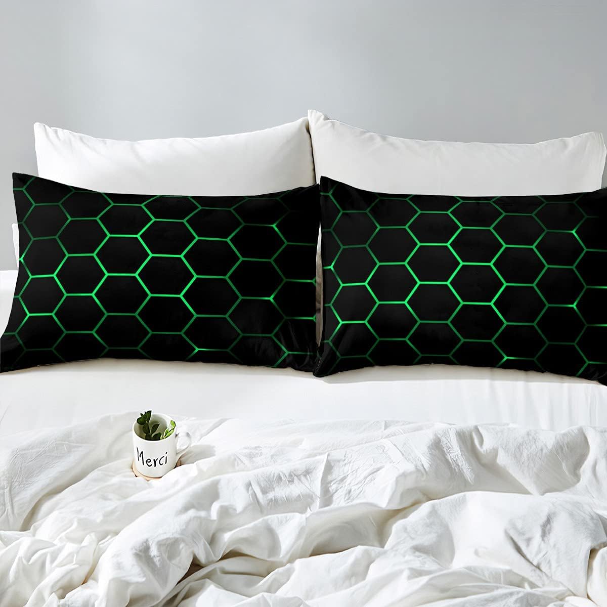Feelyou Hexagonal Duvet Cover Set Neon Green Black 2Pcs Twin Size