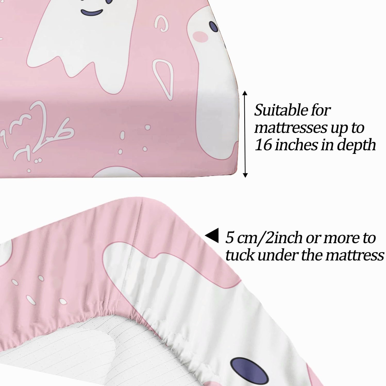 4-Piece Twin XL Cartoon Pink Ghost Fitted Sheet Set