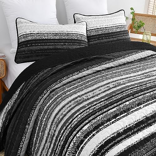 DJY King Size Quilt Set 3 Pieces Black Striped Microfiber