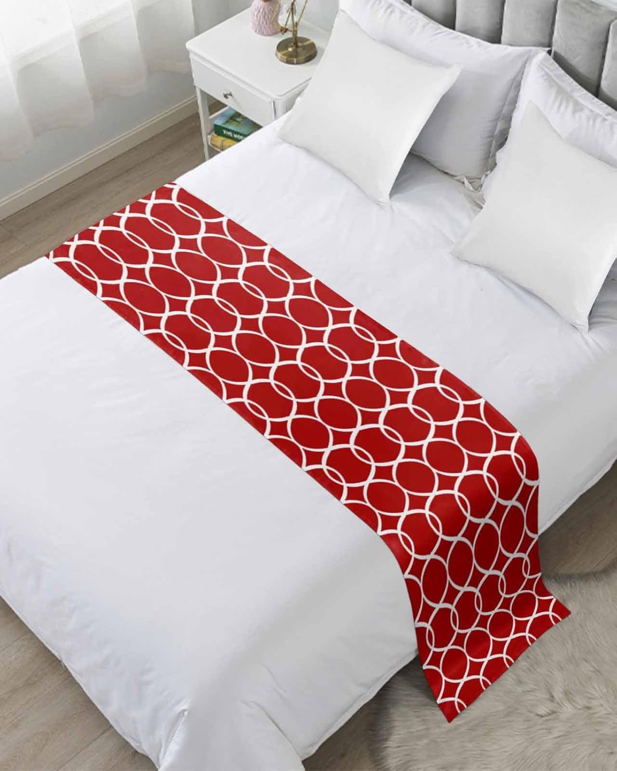 Sabolny Red White Geometric Cal King Bed Runner Scarf 1