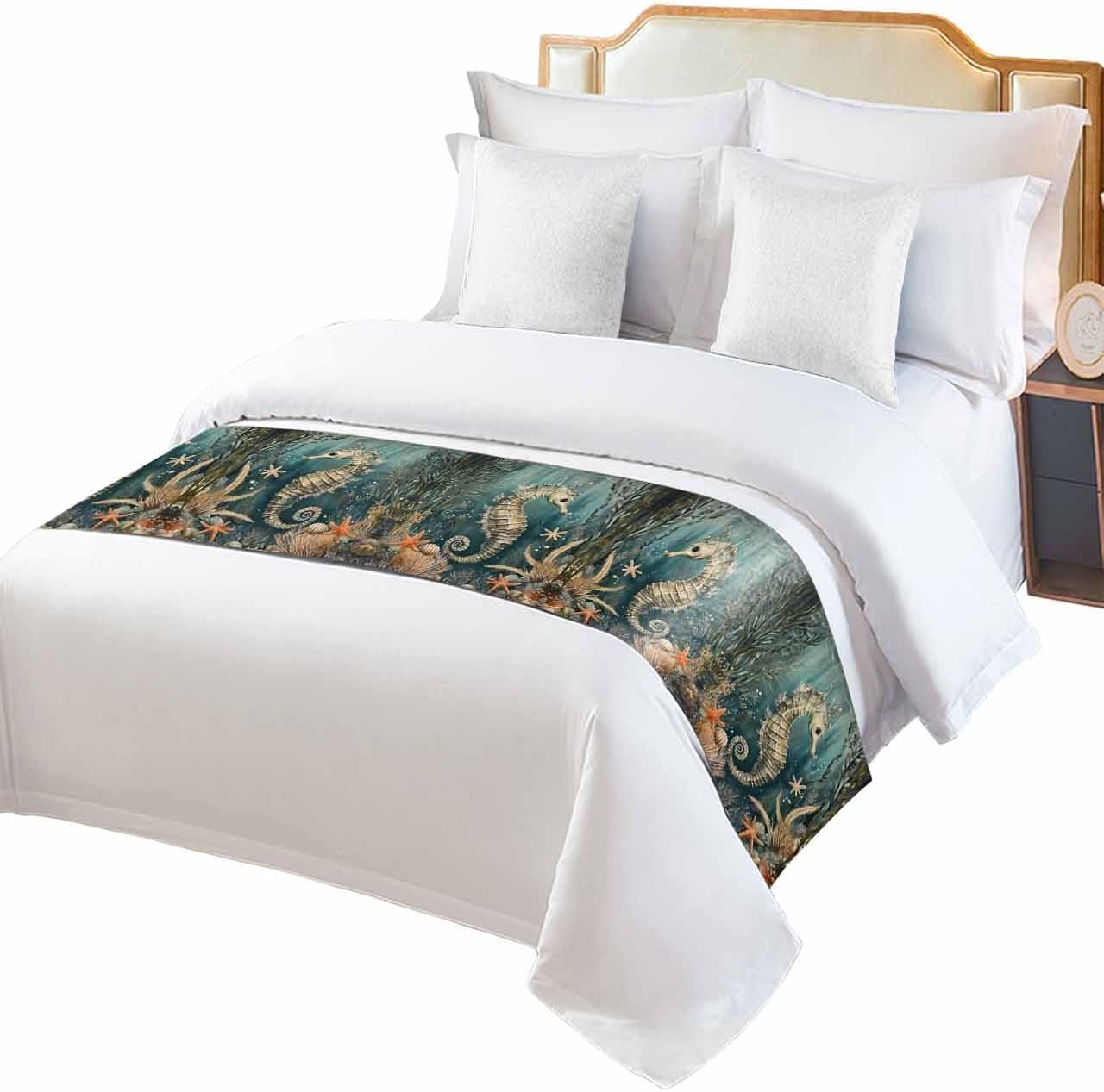 Homechoid Ocean Seahorse Green Bed Runner for King Size