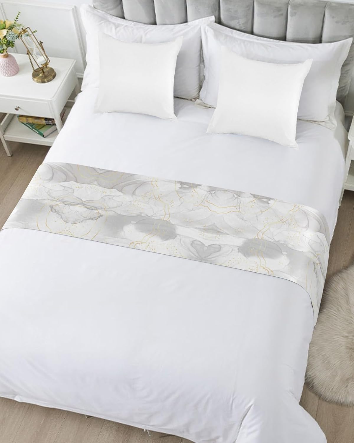 Marble Grey Gold Bed Runner Scarf Full Queen