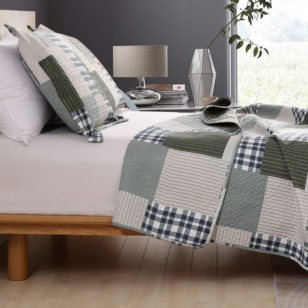 Jessy Home Queen Size Plaid Patchwork Bedspread Set