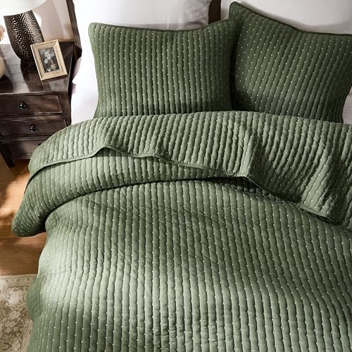 WDCOZY Olive Green Cross Stitch King Size Quilt Set