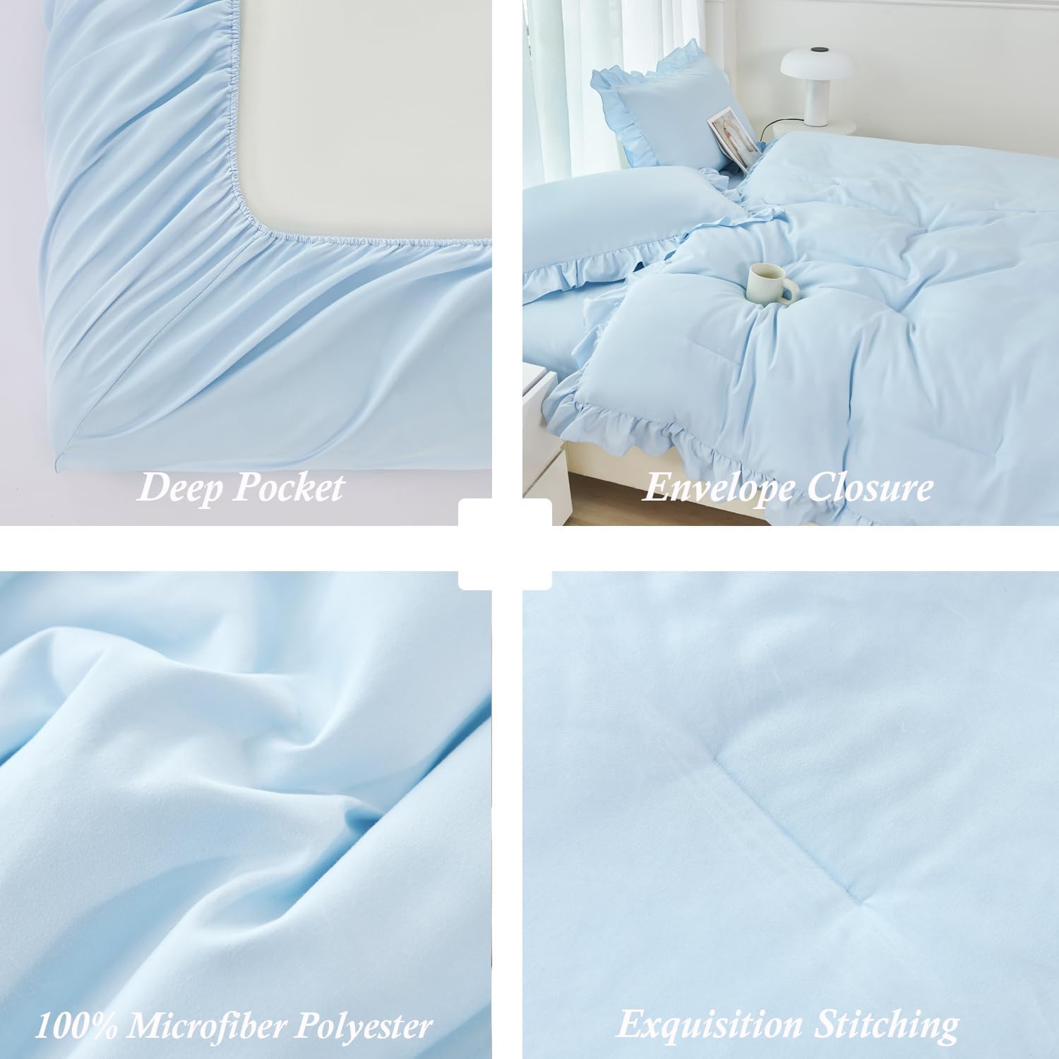 ANGIYUIN Light Blue Ruffle Comforter Set Twin Size 5 Pieces
