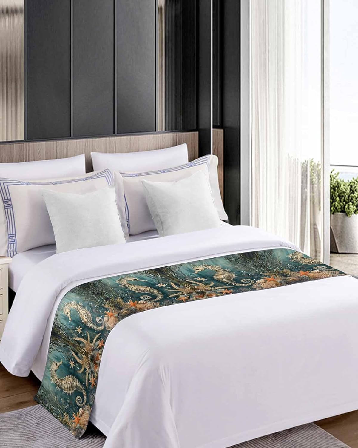 Homechoid Ocean Seahorse Green Bed Runner for King Size