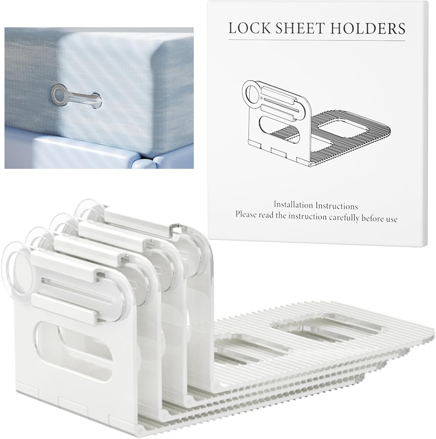 Bed Sheet Holder with Clip Universal Fit 4-Pack White