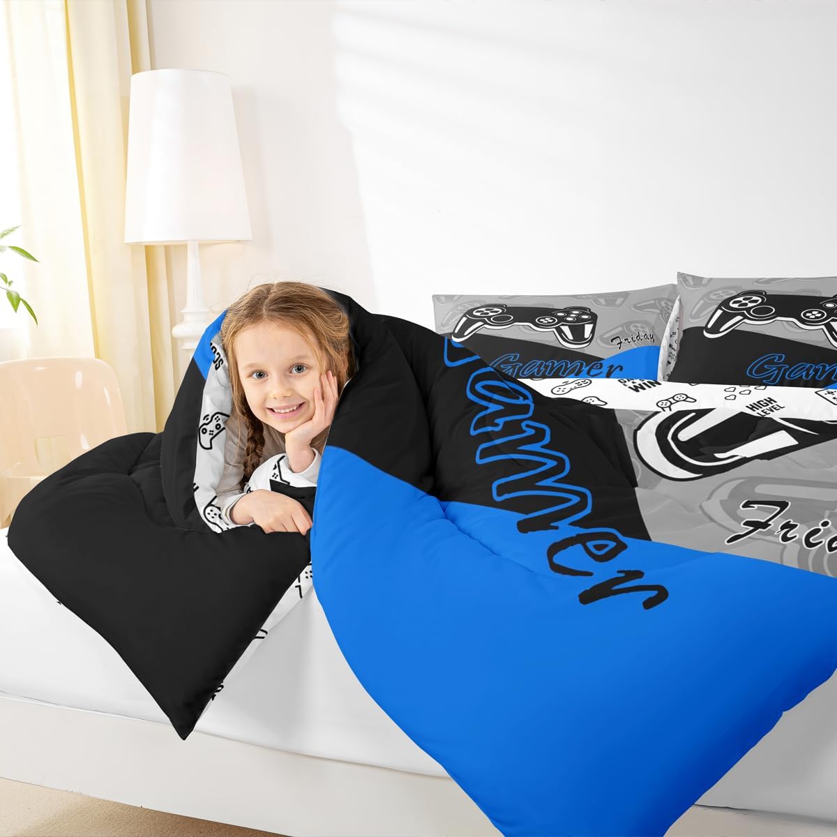 Feelyou Gaming Comforter Set for Boys Blue Black Grey