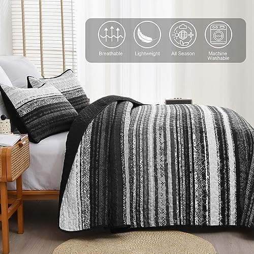 DJY King Size Quilt Set 3 Pieces Black Striped Microfiber