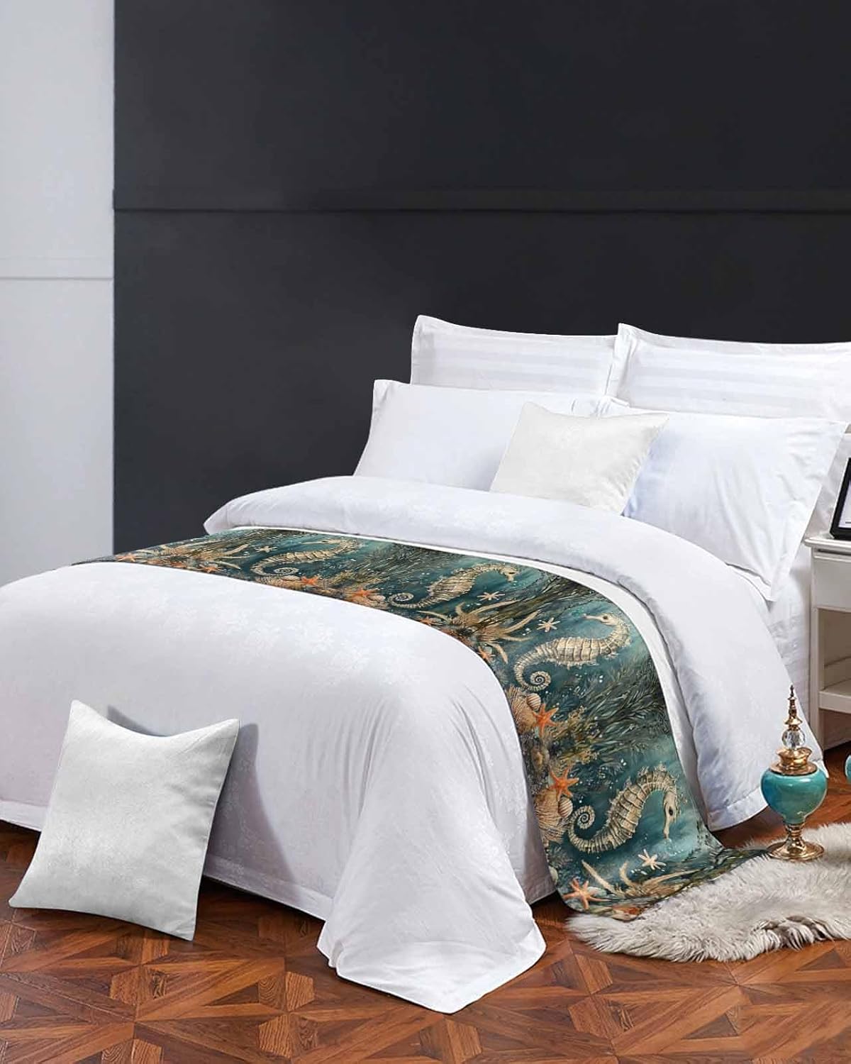 Homechoid Ocean Seahorse Green Bed Runner for King Size