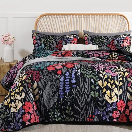 Xruibed Black Floral Quilt Set Queen 3 Piece 1