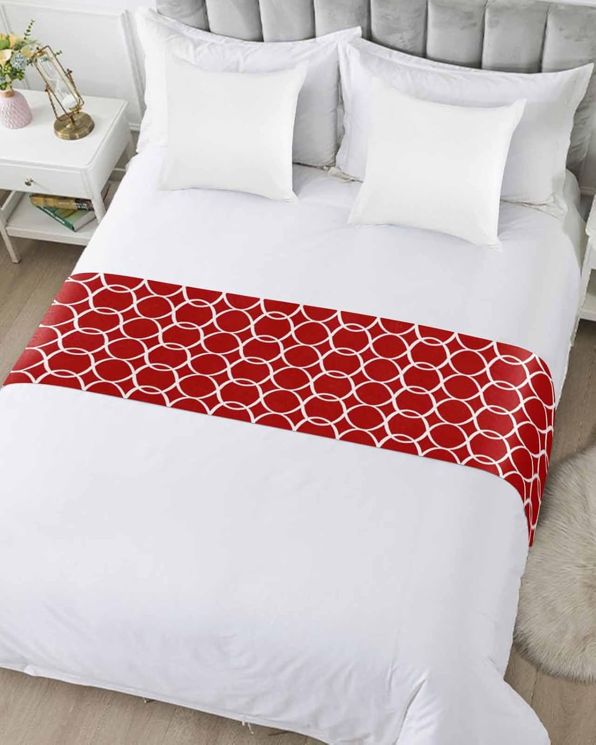 Sabolny Red White Geometric Cal King Bed Runner Scarf 1