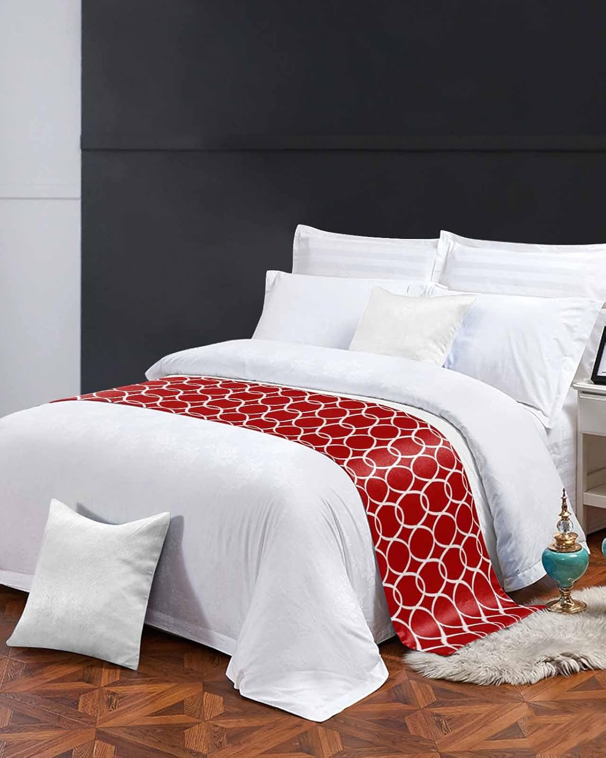 Sabolny Red White Geometric Cal King Bed Runner Scarf 1