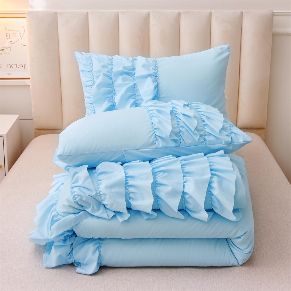 Holawakaka Light Blue Waterfall Ruffle Comforter Set
