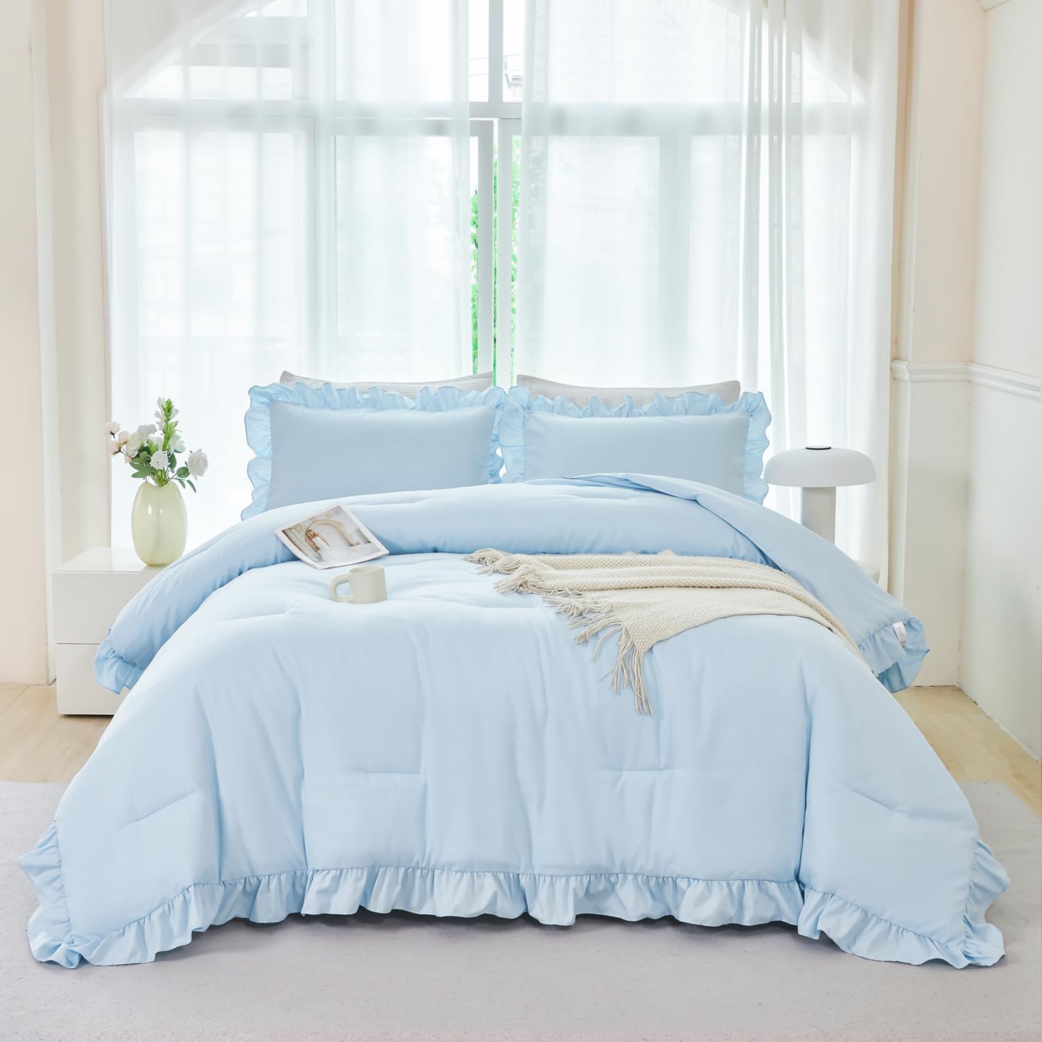 ANGIYUIN Light Blue Ruffle Comforter Set Twin Size 5 Pieces