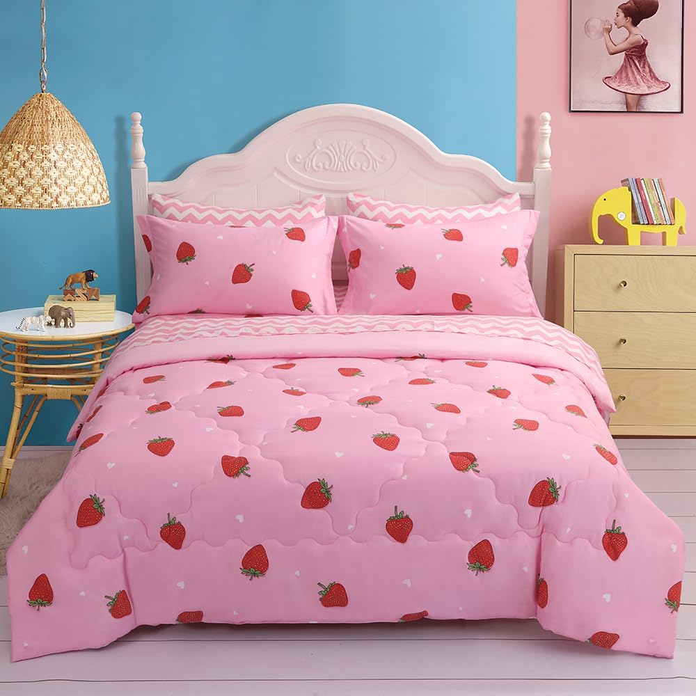 Gusuhome Strawberry Comforter Set Full Size for Girls