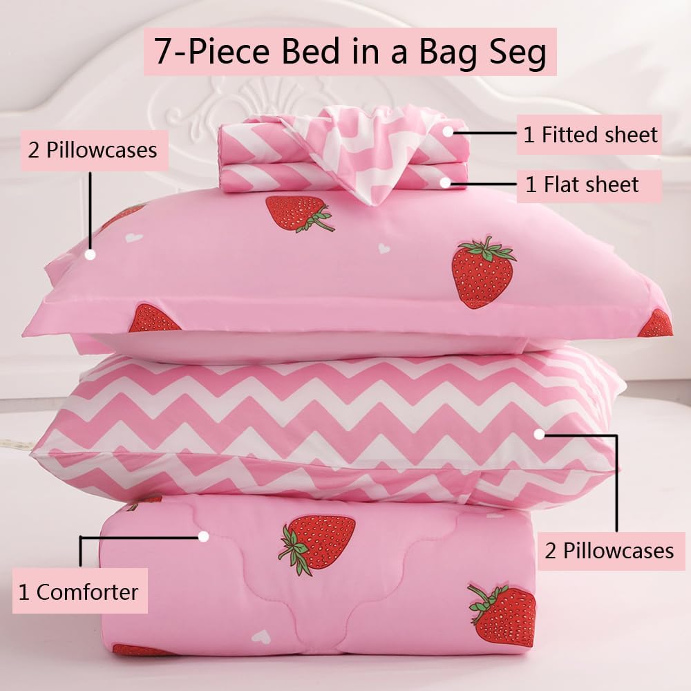 Gusuhome Strawberry Comforter Set Full Size for Girls