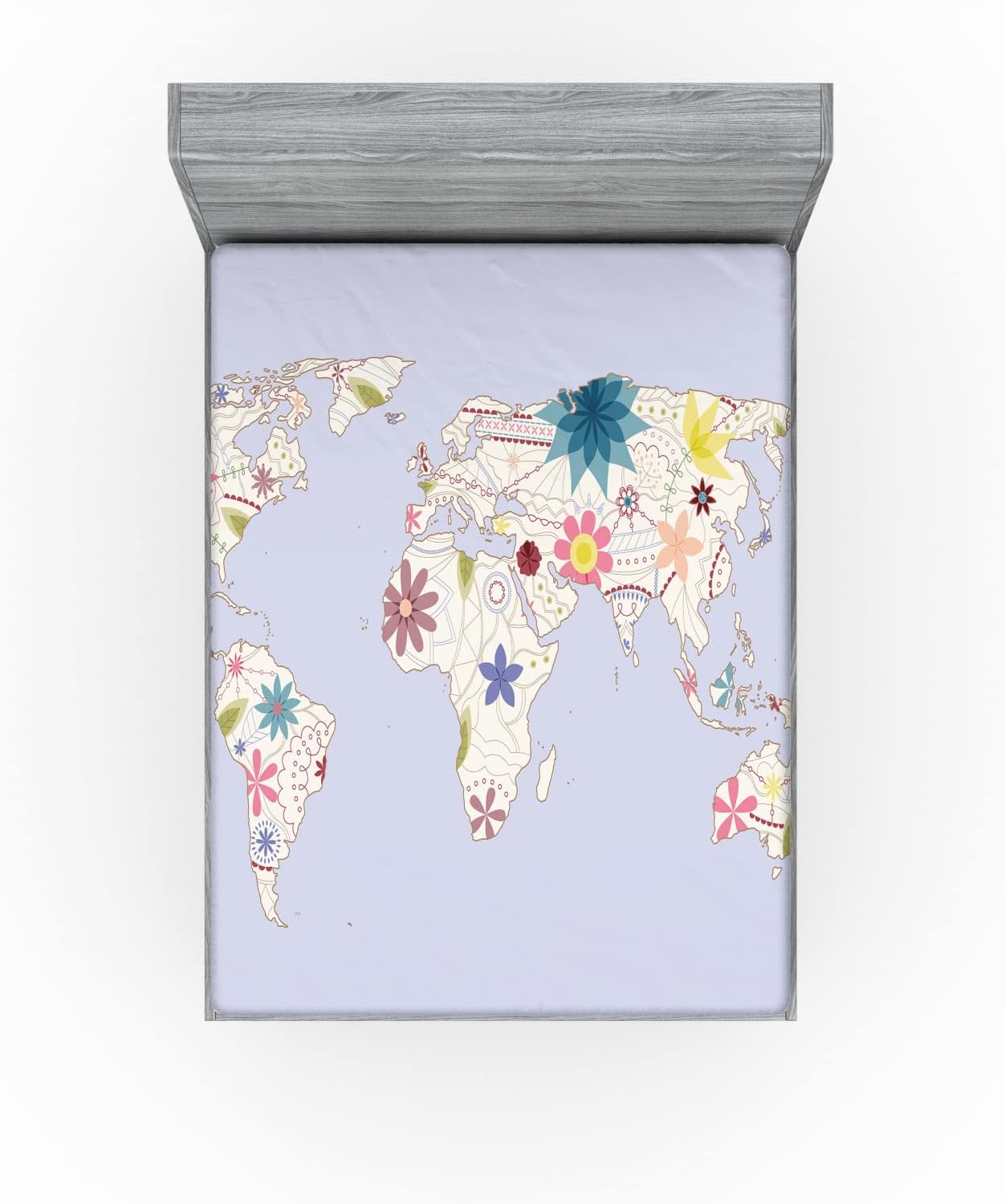 Ambesonne Floral World Map Fitted Sheet Set