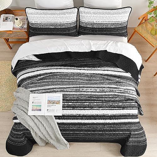DJY King Size Quilt Set 3 Pieces Black Striped Microfiber
