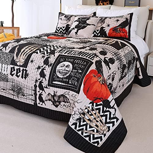 EVENHUG Halloween Queen Quilt Set with Pillow Shams