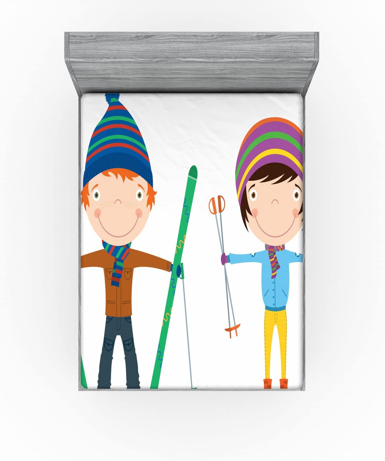 Ambesonne Sports Fitted Sheet with Funny Siblings Skis Winter Print