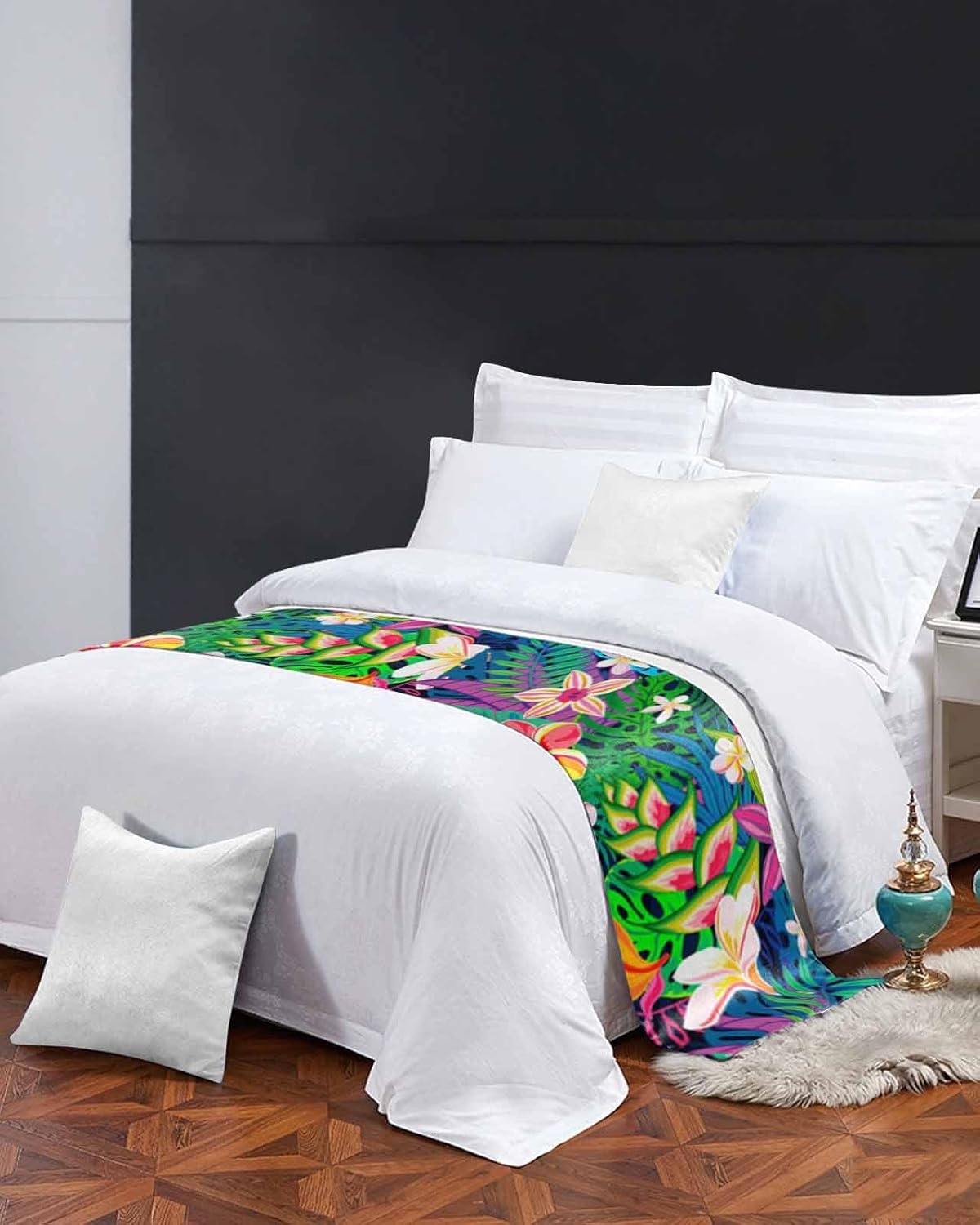 Yukro Bed Runner Scarf with Tropical Plants Design