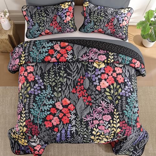 Xruibed Black Floral Quilt Set Queen 3 Piece 1