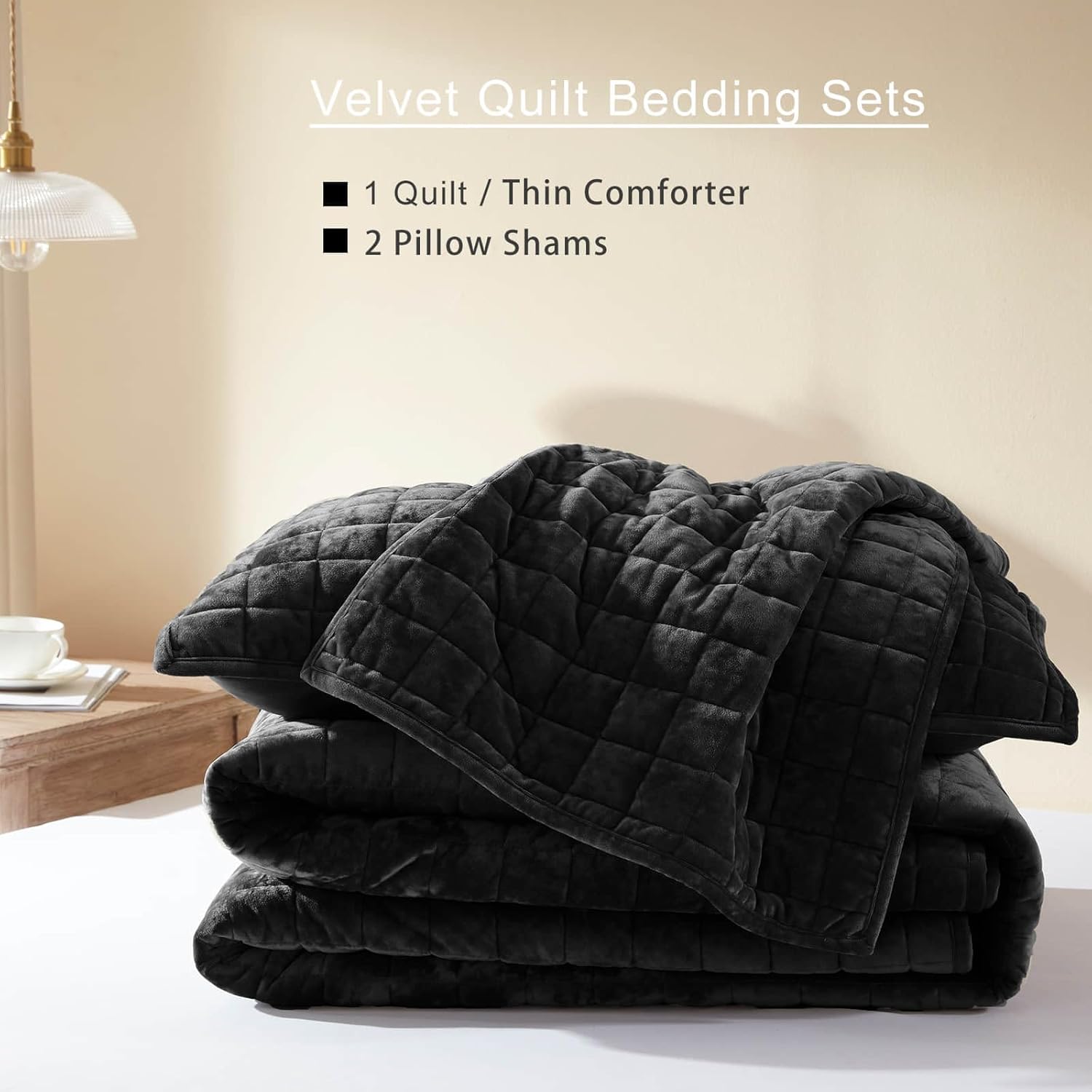 LEAONME Velvet Quilt Set - 90x98 Black Comforter with Pillow Shams
