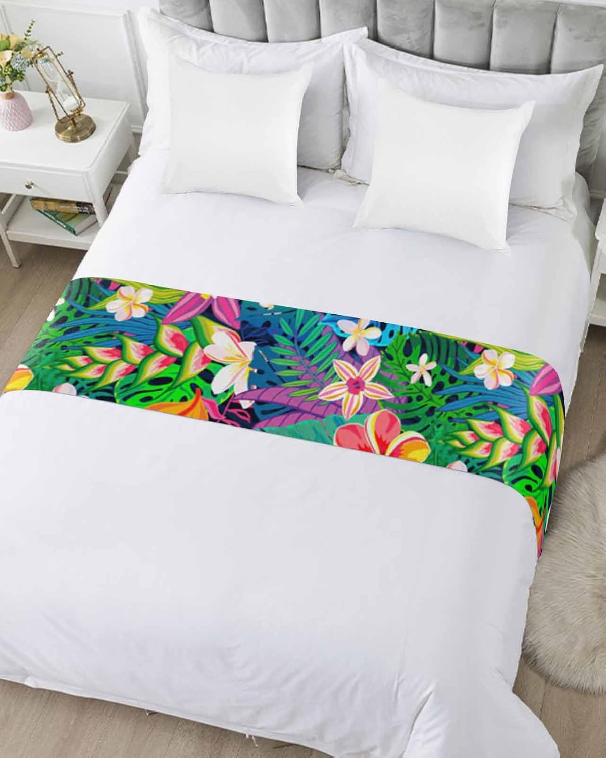 Yukro Bed Runner Scarf with Tropical Plants Design