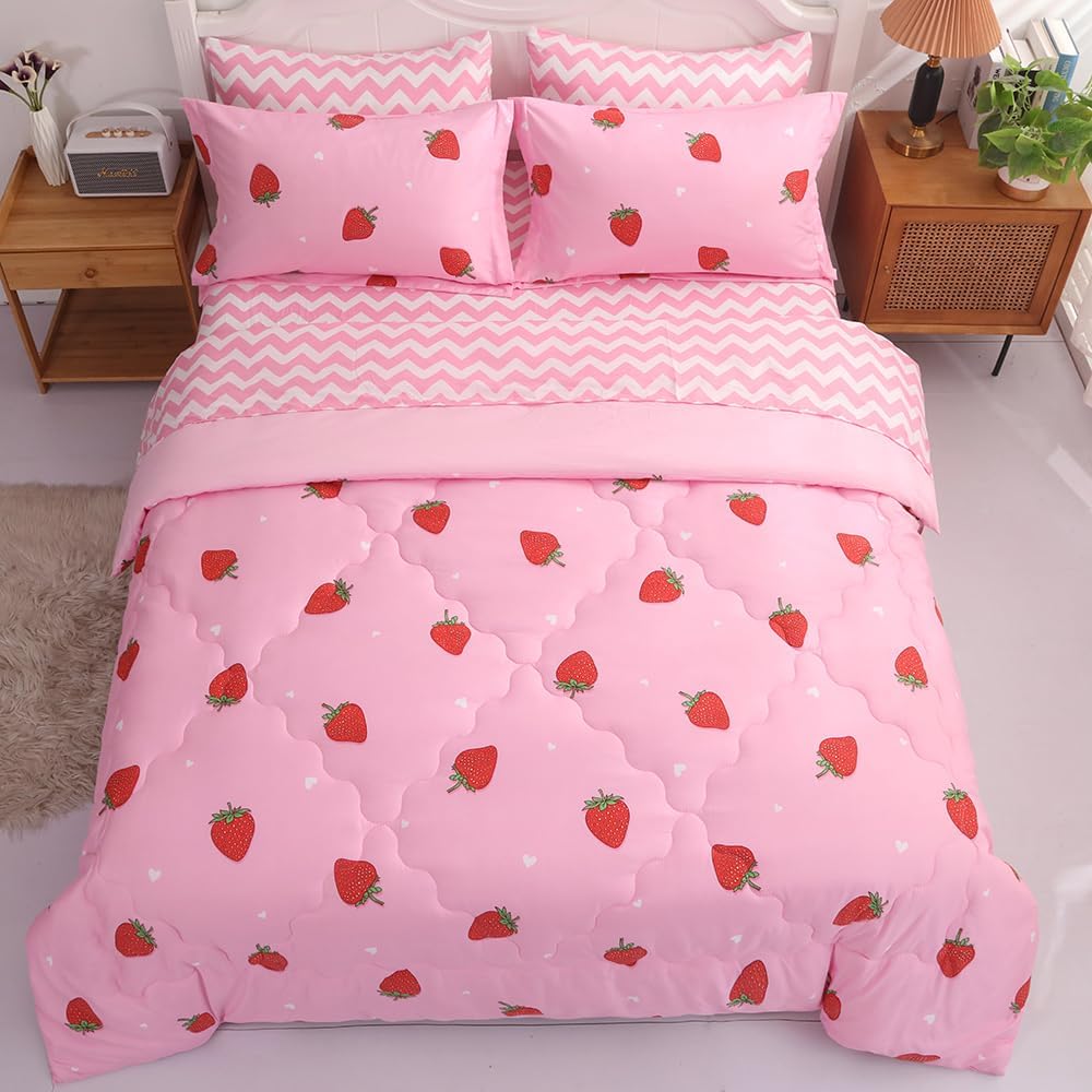 Gusuhome Strawberry Comforter Set Full Size for Girls