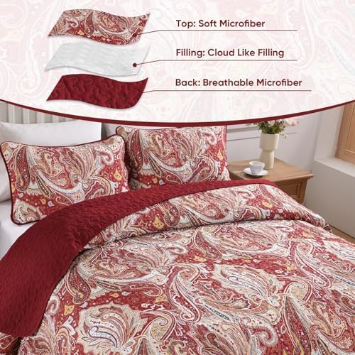 DJY Red Paisley Quilt Set - King Size 3 Piece