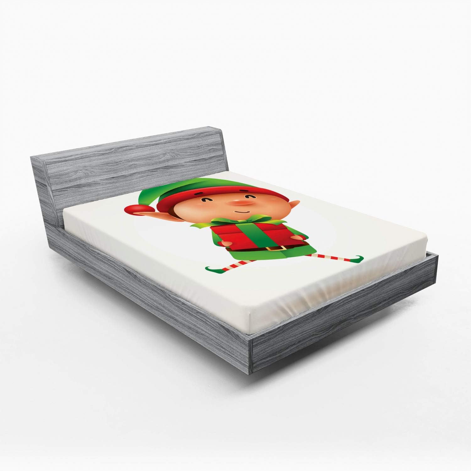 Ambesonne Elf Fitted Sheet Holiday Design California King Fern Green Vermilion
