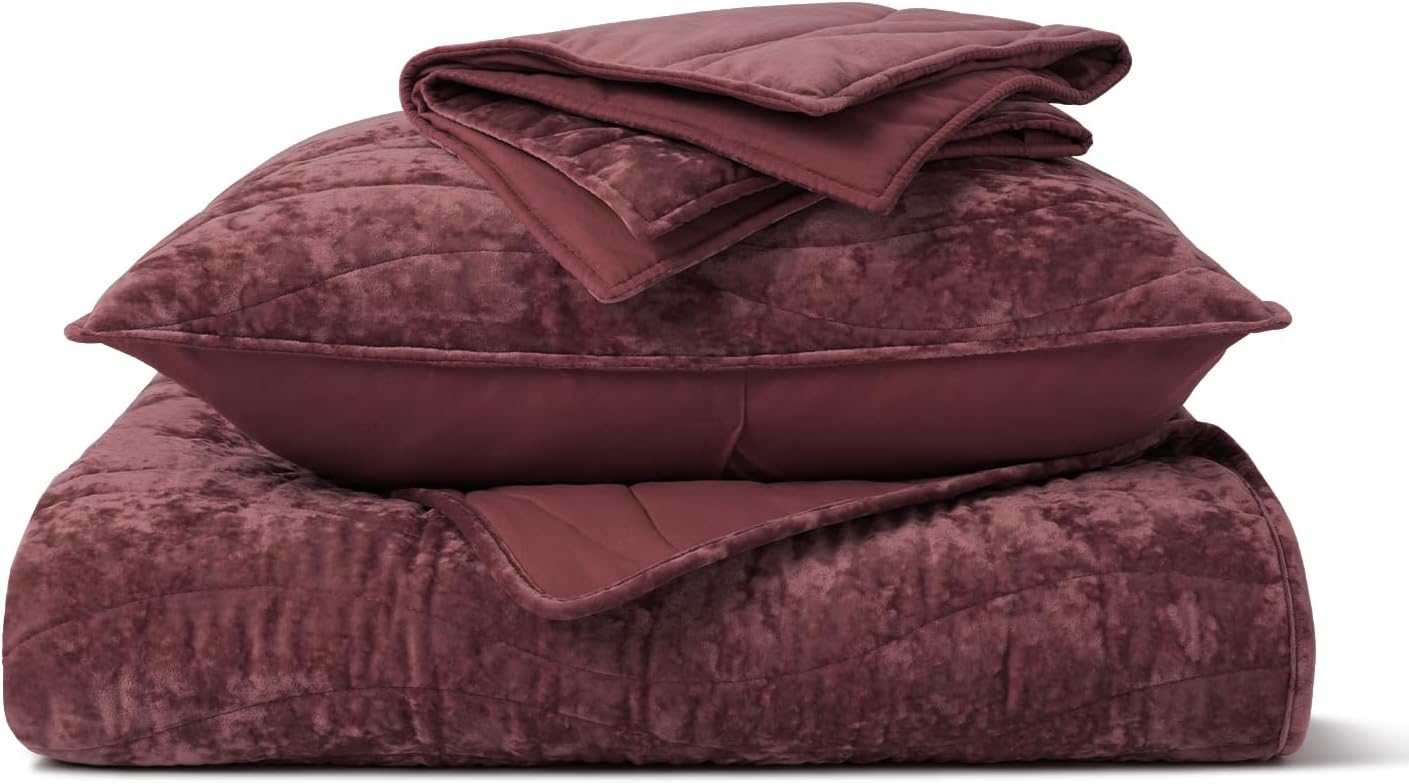 EVERGRACE Luxury Velvet Quilt Set Queen Size Burgundy
