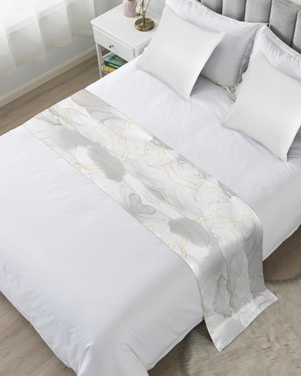 Marble Grey Gold Bed Runner Scarf Full Queen